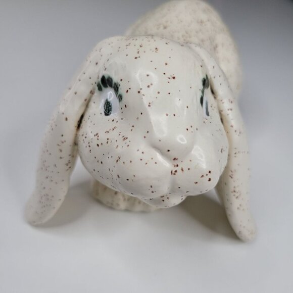 Ceramic Bunny Rabbit Glazed Holland Lop Ear Cream Speckled Eyelash 7 Inches Long - Picture 1 of 12